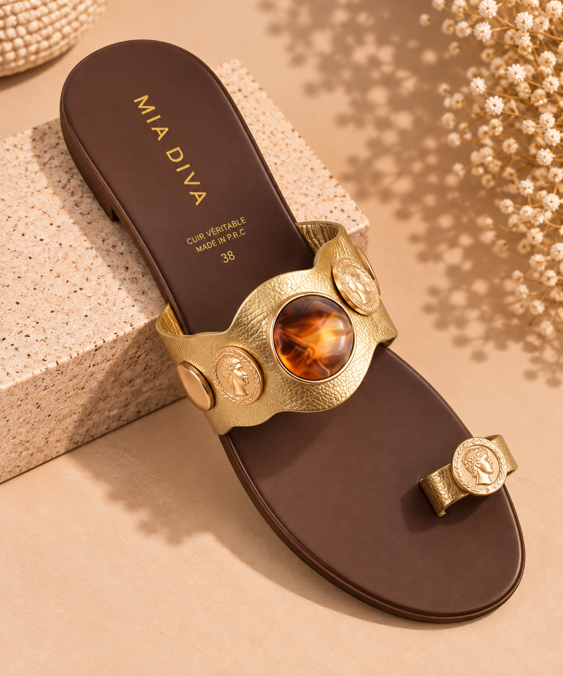Mia Diva Impériale – Sandales Femme Dorées & Ambre